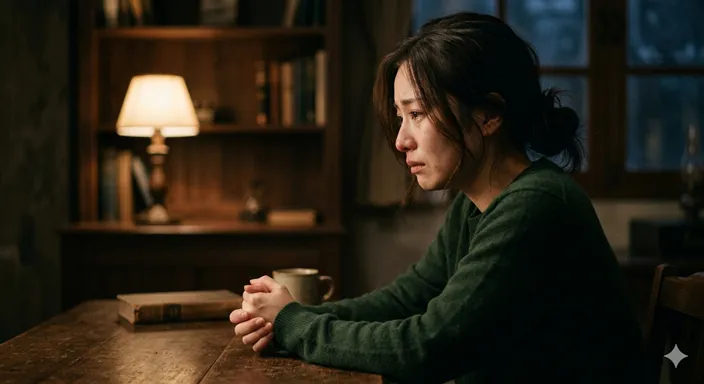 静かな室内で、感情を押しとどめるように口元へ手を添えた人物の横顔。