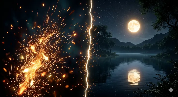 鮮やかに弾ける火花（利発）と、水面に映る静かな月明かり（聡明）を対比させたビジュアル。