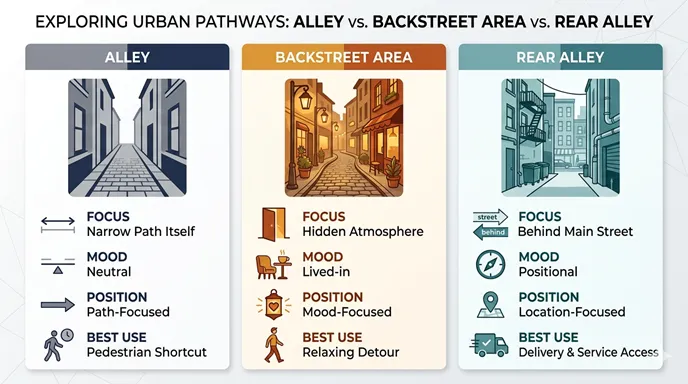 ALLEY、BACKSTREET AREA、REAR ALLEYの3項目を、FOCUS・MOOD・POSITION・BEST USEで比較した英語のインフォグラフィック。