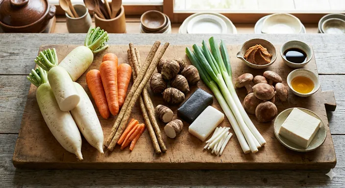 大根、にんじん、ごぼう、里芋、こんにゃく、豆腐など、豚汁とけんちん汁に共通する具材が並んでいる様子。