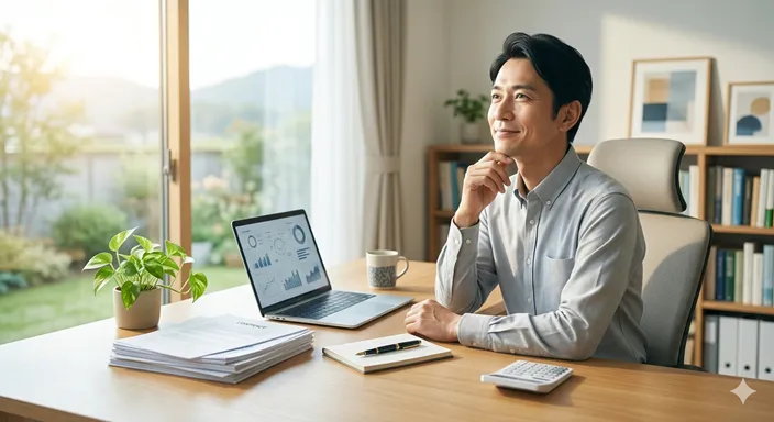 収入総額と報酬制度の違いを理解し、納得感のある判断をしているビジネスパーソンの落ち着いたイメージ。