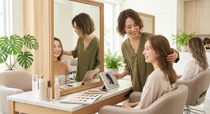 美容室でスタイリストが利用者と鏡越しに相談しながら、髪型のデザインを提案している上品な風景。