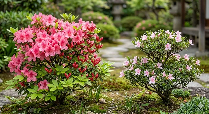 花の大きさ、葉の大きさ、咲き方の違いがわかるように、さつきとつつじを並べた比較イメージ。