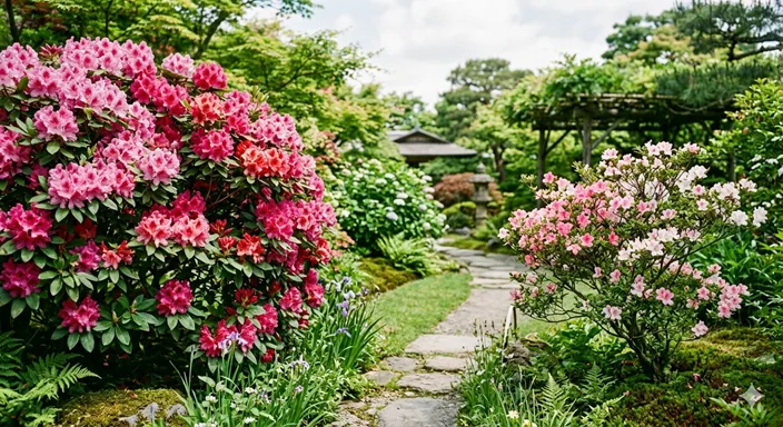 春から初夏の庭で、やや大きく華やかなつつじと、小ぶりで繊細なさつきを並べて対比したイメージ。