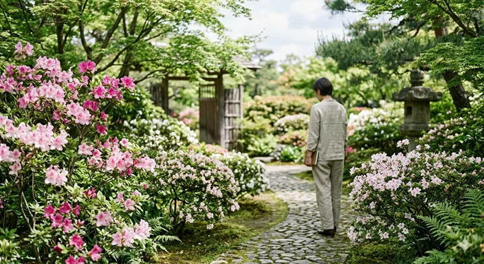 さつきとつつじの特徴の違いを理解したうえで、季節の庭をより深く楽しんでいるような穏やかな風景。
