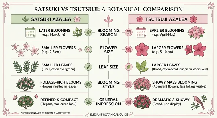 さつきとつつじの違いを、開花時期、花の大きさ、葉の大きさ、咲き方などの観点で整理した比較インフォグラフィック。