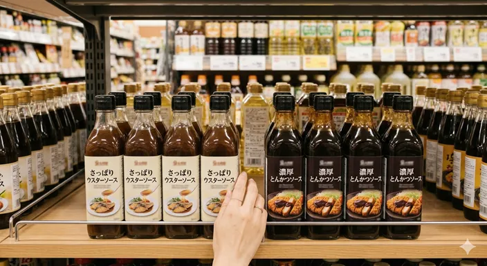 茶色いソース瓶が並ぶ売り場で、似た見た目の二種類のソースが比較されているイメージ。