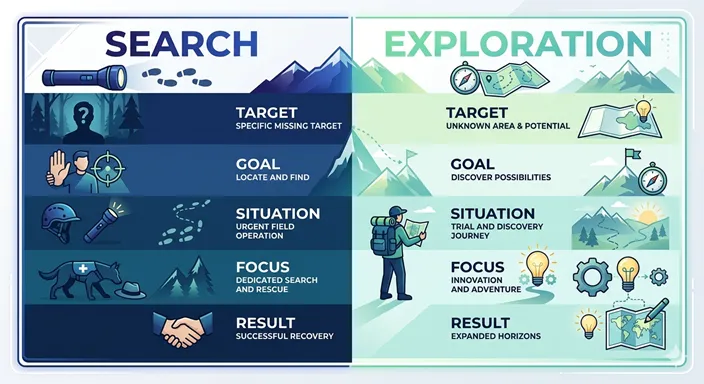 SEARCH と EXPLORATION の違いを、TARGET、GOAL、USE CASE などの項目で英語表記のみで比較したインフォグラフィック。