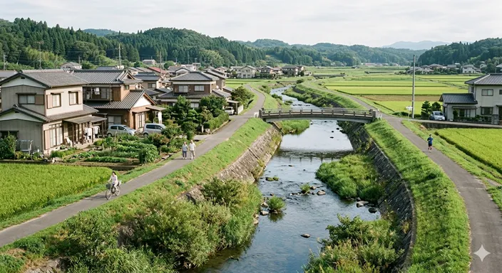 住宅地や田畑、道路の近くを流れ、地域の暮らしと密接につながる河川の風景。