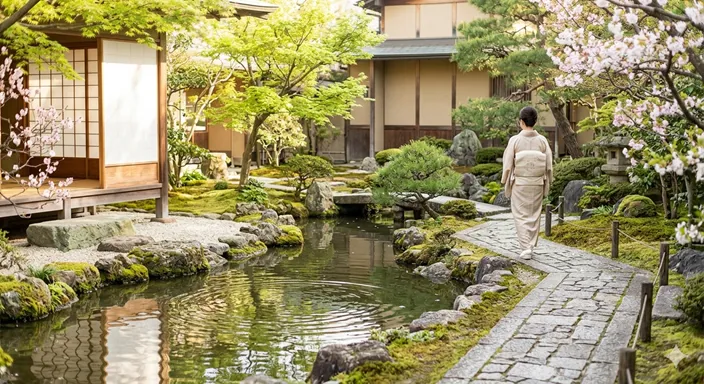 静かな和の庭園とやわらかな陽光に包まれた穏やかな空間が、平穏と幸福を象徴しているイメージ。