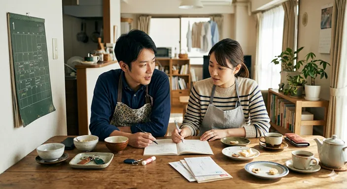 一つの家計簿や生活用品を共有しながら、共同生活の実体を築いている二人の暮らしの風景。