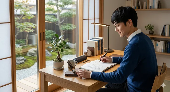 静かな室内で姿勢を正し、学びや鍛錬に集中しながら日々努力を積み重ねる人物の様子。