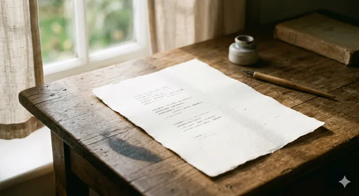 静かな朝の光の中で、一枚の紙に書かれた詩のような行と余白が印象的に映る情景。
