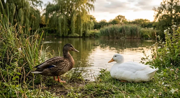 一見よく似た水鳥が同じ水辺にいて、違いを観察しているようなイメージ。