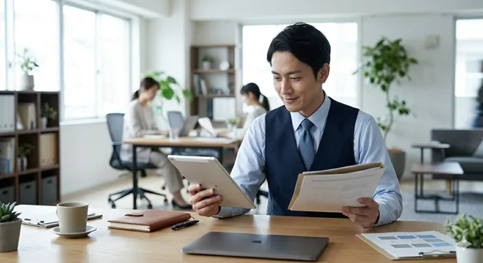 資料を受け取ってすぐ確認し始めるビジネスパーソンのイメージ
