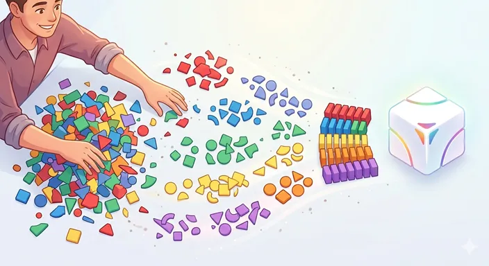 散らばったパーツを、一人の人間が整然と分類し、美しい形に整えていく様子。