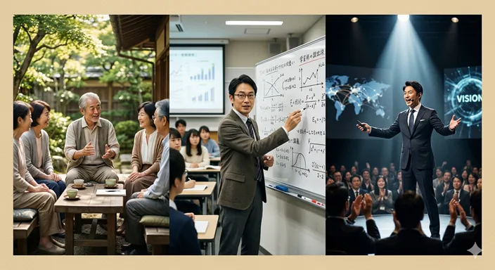 穏やかに語りかける人物、黒板の前で教える人物、スポットライトを浴びて登壇する人物の3つのシーンの対比。