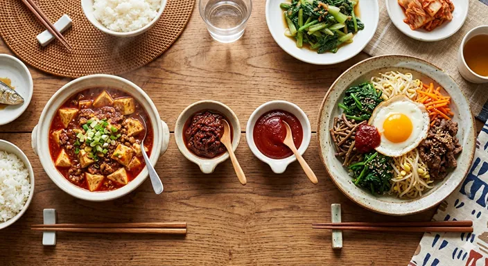 豆板醤で中華料理、コチュジャンで韓国料理を作る選択が一目で伝わる温かい食卓のイメージ。