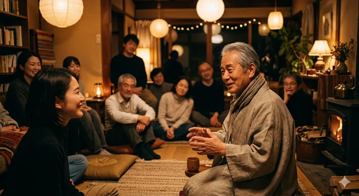 落ち着いた和室やモダンなサロンで、円座になって座る人々に優しく語りかける話し手。