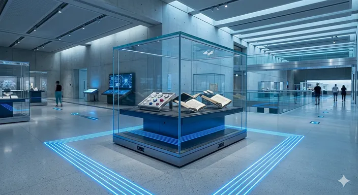 美術館の貴重な展示物が、最新のガラスケースとレーザーセキュリティによって守られている様子。