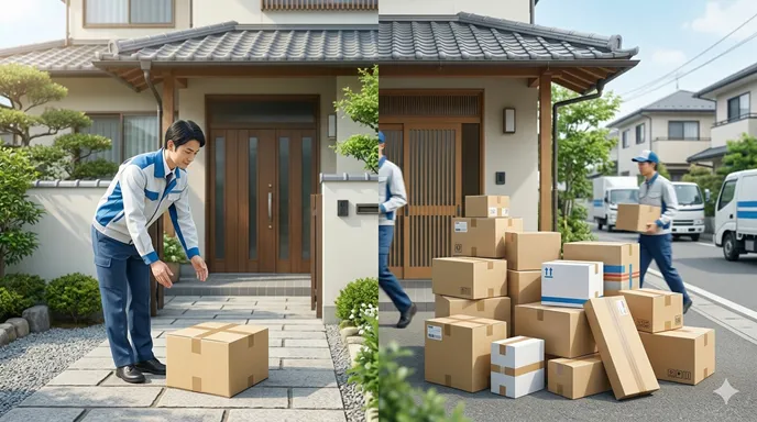 玄関先で荷物を受け取る場面を背景に、片側は特定の配送サービスを象徴する一つの箱、もう片側は複数の配送手段を象徴する複数の箱が並ぶ対比イメージ。