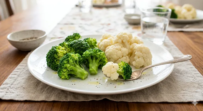 ブロッコリーのシャキッとした歯ごたえと、カリフラワーのほろっとした食感を料理皿で表現した比較画像。
