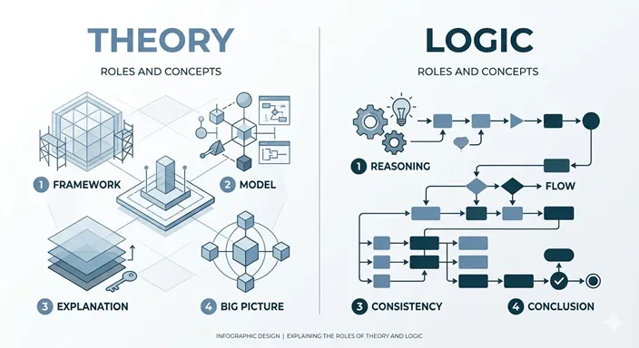 THEORYとLOGICを、FRAMEWORKとREASONINGの観点から対比した英語表記の比較インフォグラフィック。