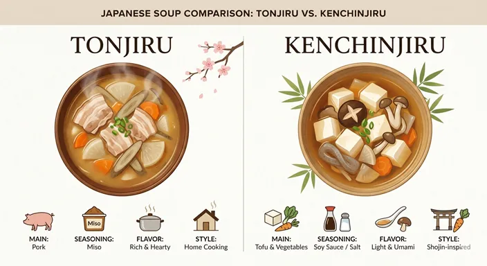 TONJIRUとKENCHINJIRUを、main ingredient、seasoning、flavor、originの軸で比較した英語のインフォグラフィック。