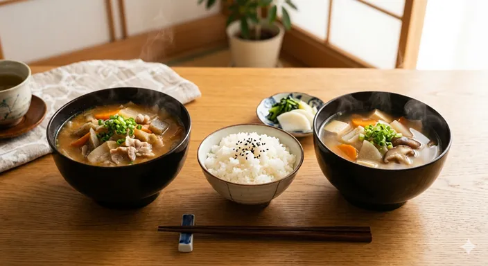 豚汁とけんちん汁の椀が同じ食卓に並び、それぞれの魅力を生かして選べる和食の一場面。