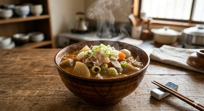 豚肉、根菜、こんにゃくがたっぷり入った味噌仕立ての豚汁が湯気を立てている様子。