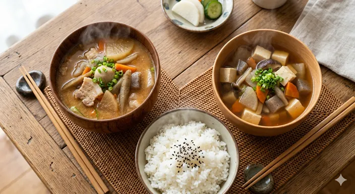 湯気の立つ豚汁とけんちん汁の椀が並び、豚肉と味噌のコク、豆腐と野菜の滋味の違いが伝わる和食の食卓。