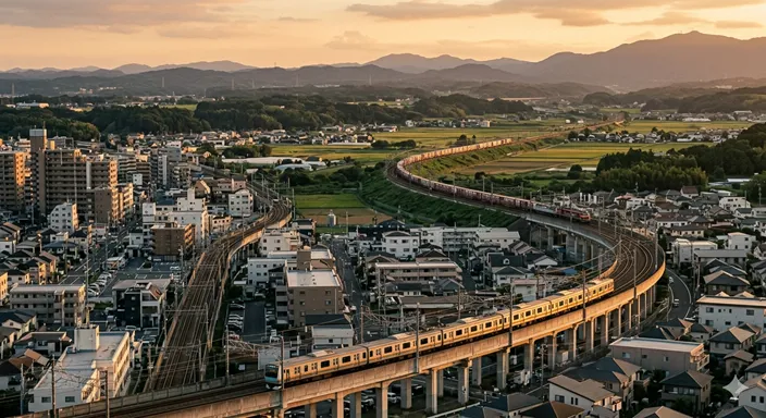 郊外を走る長い列車と都市を走る電車が、一つの鉄道世界の中でつながっていることを感じさせる俯瞰イメージ。