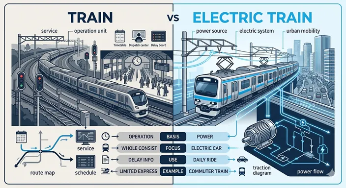 列車と電車の違いを、運行単位と動力方式の観点から対比した英語のインフォグラフィック。