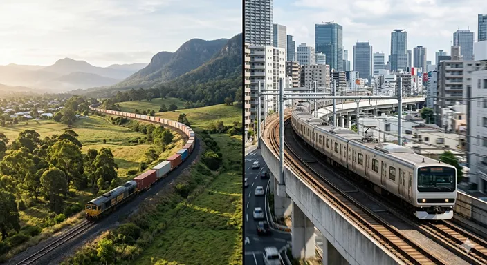 広い鉄道路線を走る長い列車と、架線のある都市部を走る電車を左右で対比したイメージ。