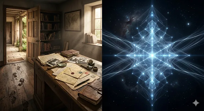 現実の断片を示す写真や証拠のような要素と、幾何学的で普遍性を感じさせる光の構造が左右に対比されたイメージ。