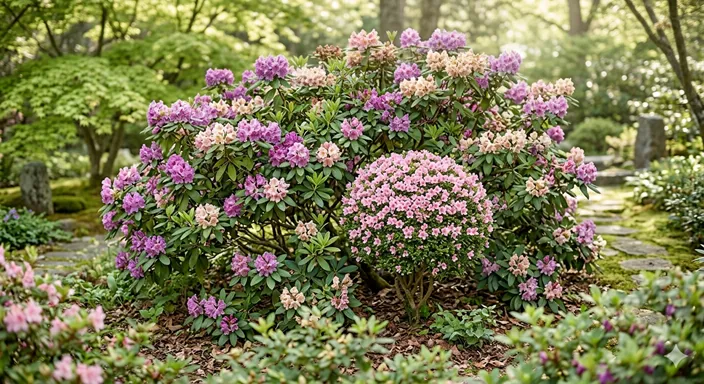大きな植物グループの中に、さつきが一つの具体的な系統として収まっていることを、自然な植物モチーフで表現したイメージ。