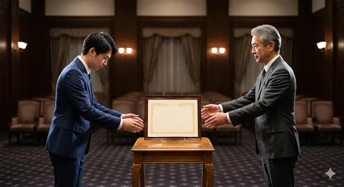 一つの賞状を挟んで、受け取る側と授ける側の視点が向かい合う表彰式の場面。