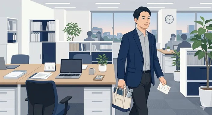 退職の意味を表す、オフィスを去る人物と勤務先との関係終了を示すイメージ