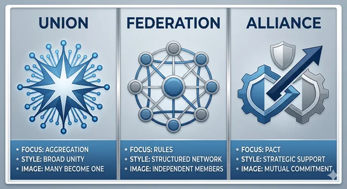 UNION、FEDERATION、ALLIANCEの3概念を、FOCUSやSTRUCTUREなどの観点で比較した英語のインフォグラフィック。