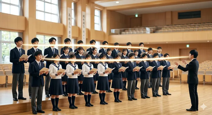 複数の人が同じ方向を向き、同じ旋律をそろえて歌っている斉唱の一体感を表したイメージ。