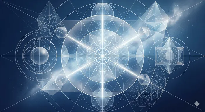 静かな空間の中に幾何学的な光の線や対称構造が広がり、普遍的な法則や秩序を感じさせる抽象的な情景。