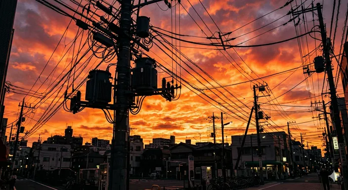 夕暮れ時の空を背景に、複雑に交差する電線と、それらを支える数本の柱が立ち並ぶ日本の街角の風景。