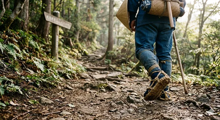 草鞋を足に結んだ旅人が、土の道を歩き出そうとしている足元の情景。