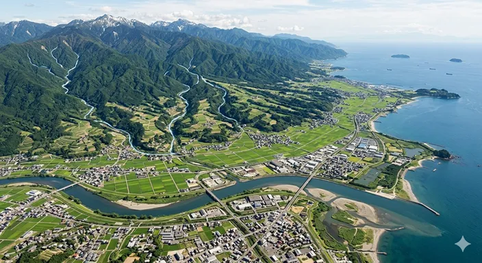 山地から支流が集まり、平野の町を通って海へ向かう水系全体を俯瞰した風景。