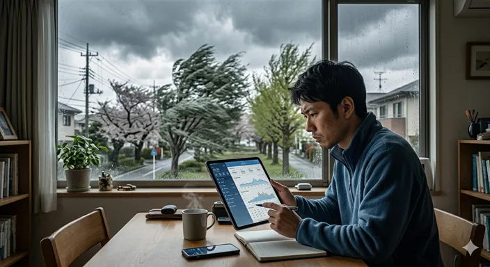 スマートフォンの天気予報を確認しながら、窓の外の強風を見ている人物の様子。
