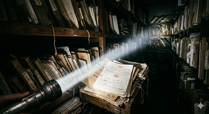 暗闇の中に光を照らす懐中電灯と、積み上げられた書類。隠れた事実を明るみに出すイメージ。