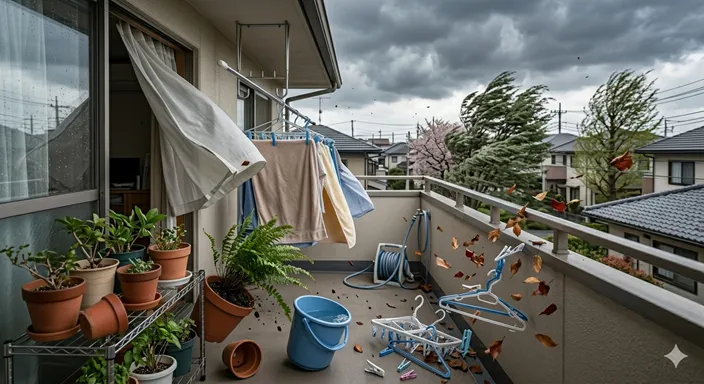 強風でベランダの物や落ち葉が飛ばされ、住宅まわりに危険が生じている様子。