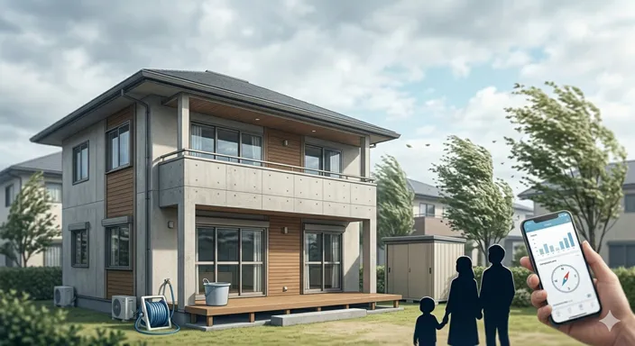強風への備えを整えた住宅と、その前で落ち着いて空模様を確認する人物の様子。