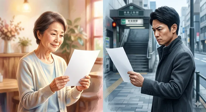 同じ紙を前にして、柔らかい案内として受け取る人と、強い主張として受け取る人の印象の違いを表したイメージ。