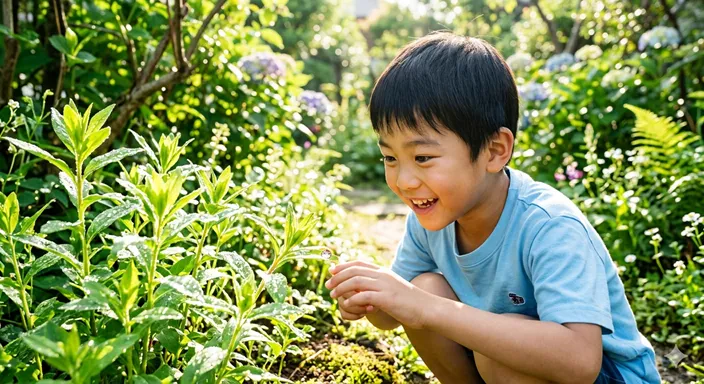 朝の光の中で、ハキハキとした表情で何かを指差す少年と、輝く水滴がついた新芽。